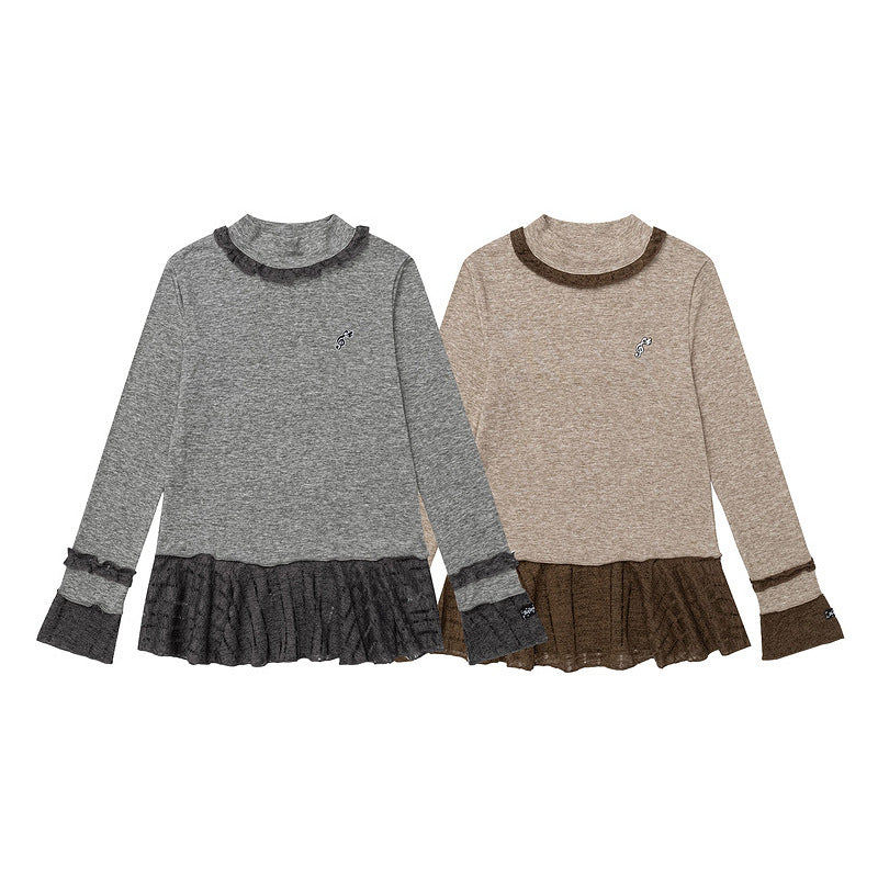 Grey fungus edge semi high neck long sleeved top for women