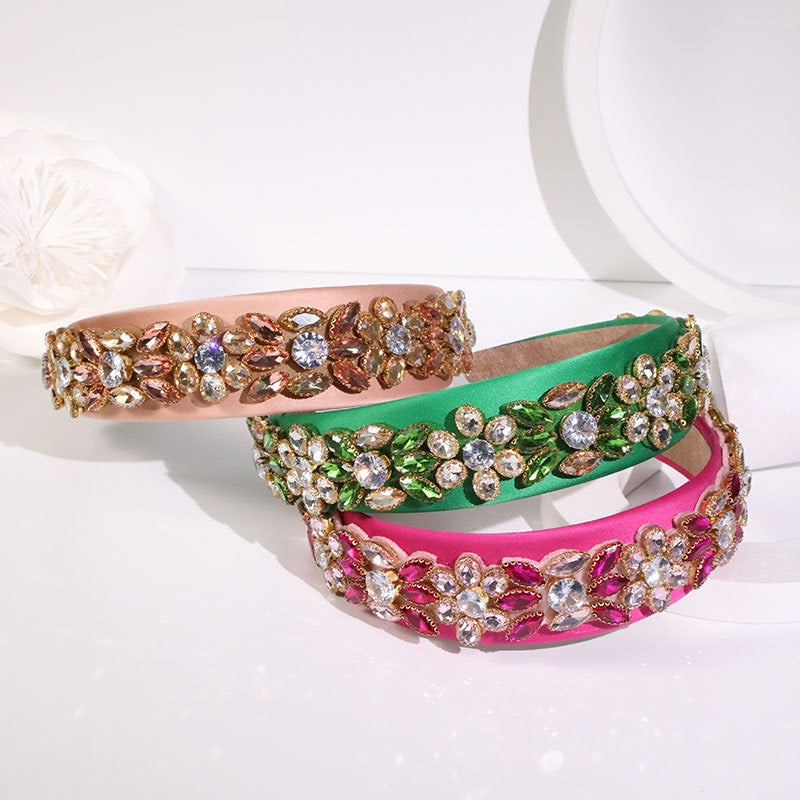 Personalized Diamond Flower Women Baroque Fabric Wide Edge Headband