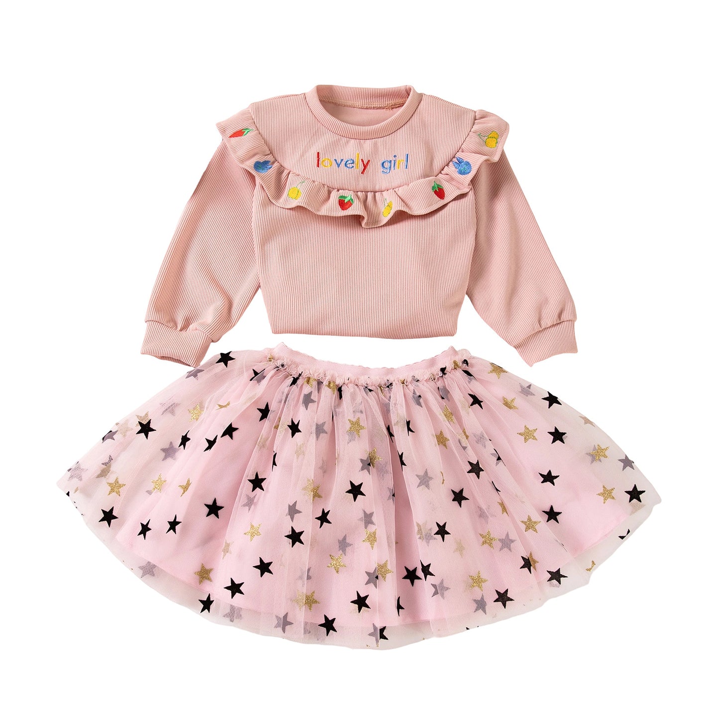 New Women's Children's Fashion Casual  Embroidered Ruffle Round Neck Flower Hoodie and Skirt Set