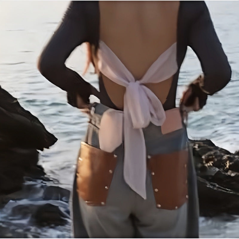One Obvious Simple Long Sleeve Backless Bow Detail Slim Fit Swimwear