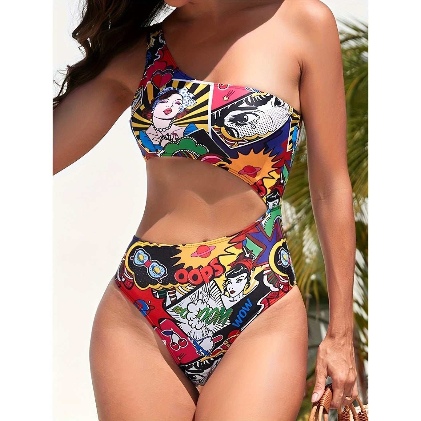 Cartoon printed women's one-piece waist hollow out vacation swimsuit for women