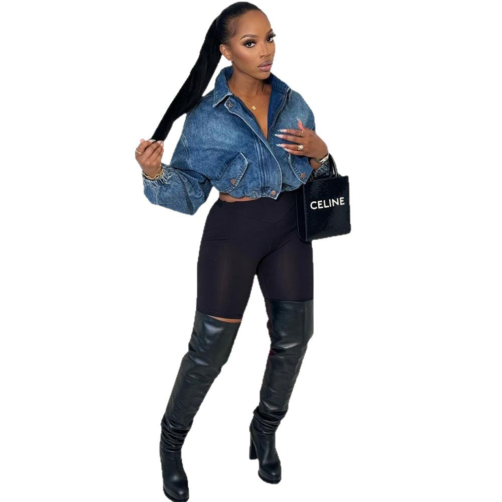 Women's Western Style Washed Denim Jacket with Turn-Down Collar, Drawstring, Long Sleeve, Short Zipper