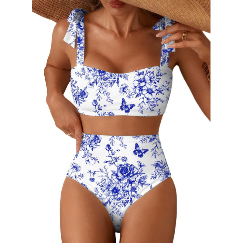 Women's Striped Bikini Set with Tie-Shoulder Design, High-Waisted Two-Piece Swimsuit
