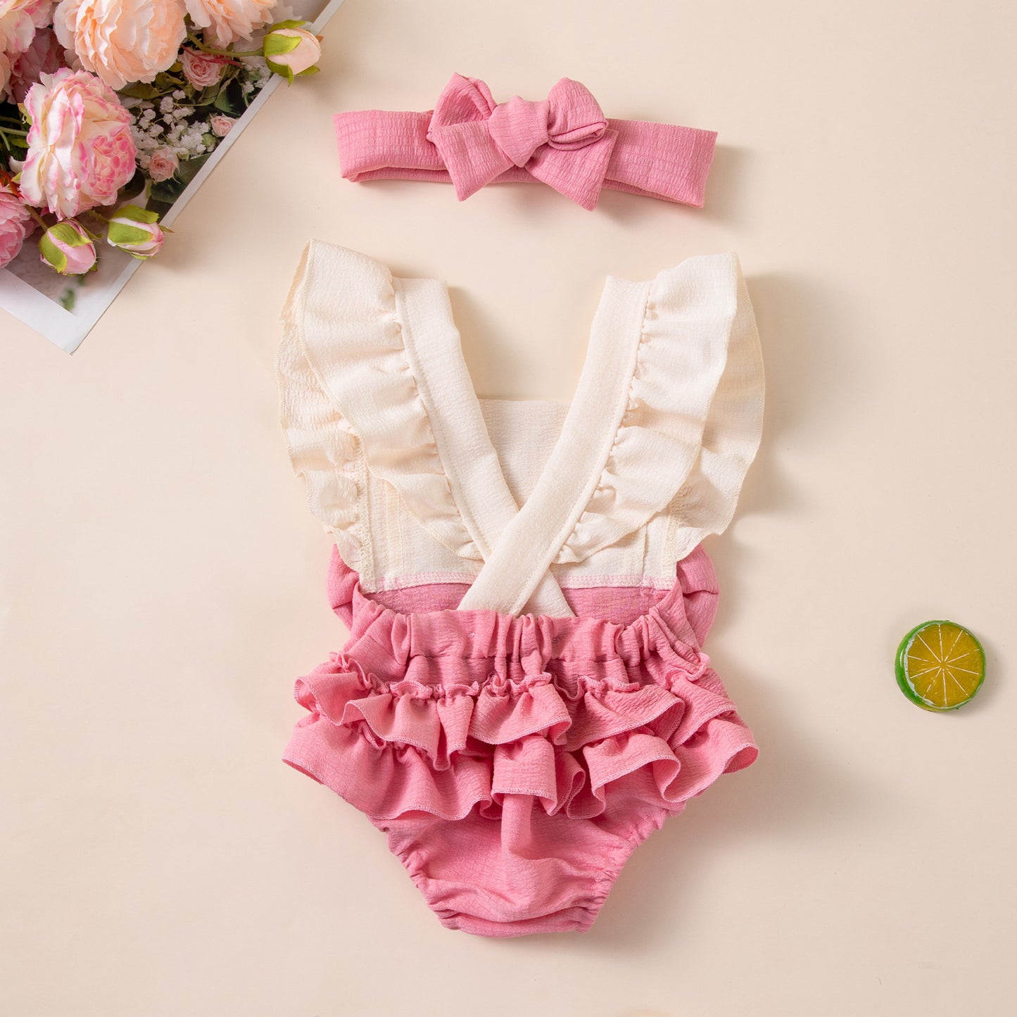 Baby Heart Bow Flutter Sleeve Romper for Girls, Summer Back Crossed Snap Onesie, Children's Clothing