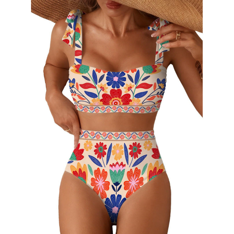Women's Striped Bikini Set with Tie-Shoulder Design, High-Waisted Two-Piece Swimsuit