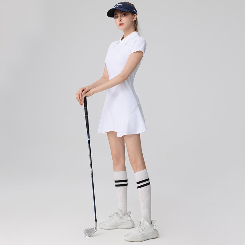 Elegant and Stylish Golf-Specific Polo Neck Dress with Short Sleeves, Summer Nylon Shaping High-End Fitness Skirt