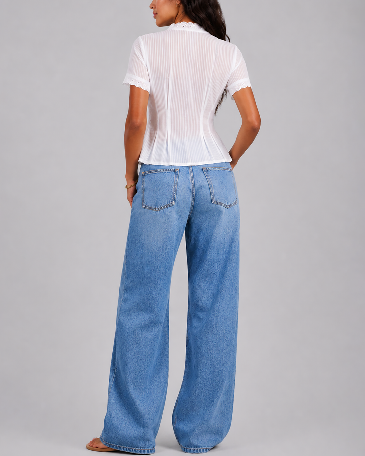 Women's Fashion Lace Seam Pleated Slim Fit Fresh Short Sleeve Shirt