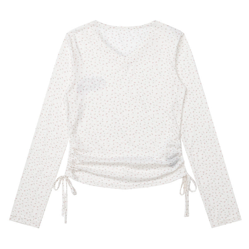 Floral spicy girl style V-neck long sleeved T-shirt versatile