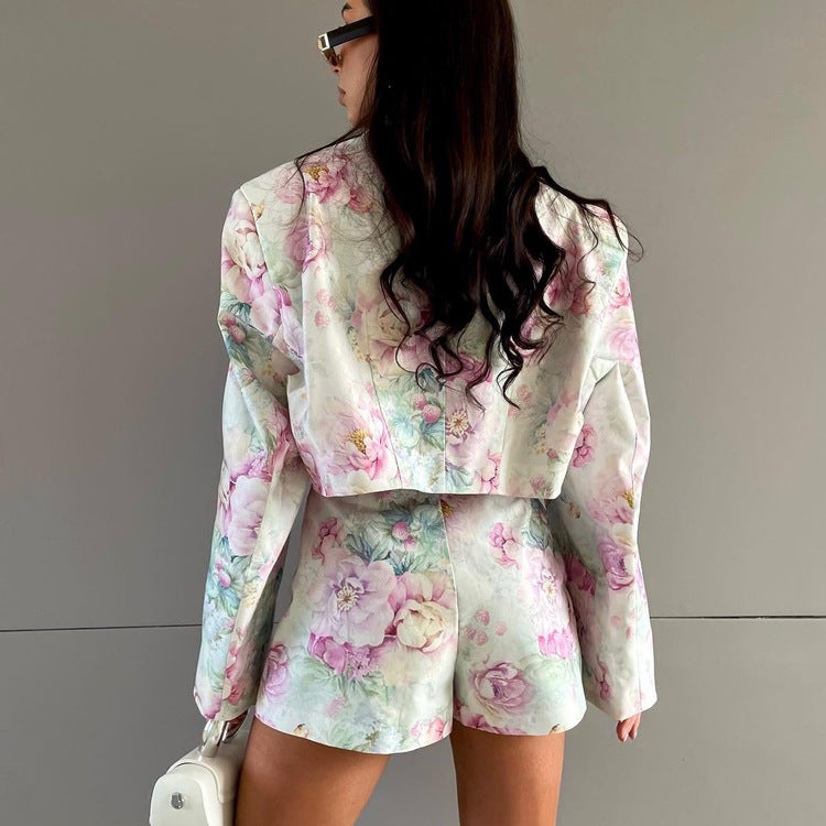 European and American fashion loose suit skirt two-piece set long sleeved lapel top printed high waisted short skirt