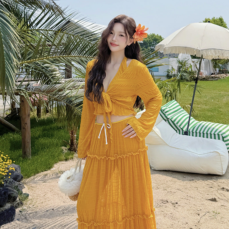 Big Size New Yellow Vacation Style Separated Swimwear Women Long Sleeve Four-Piece Set Slimming Tummy Coverage Hot Spring Vacation Swimwear