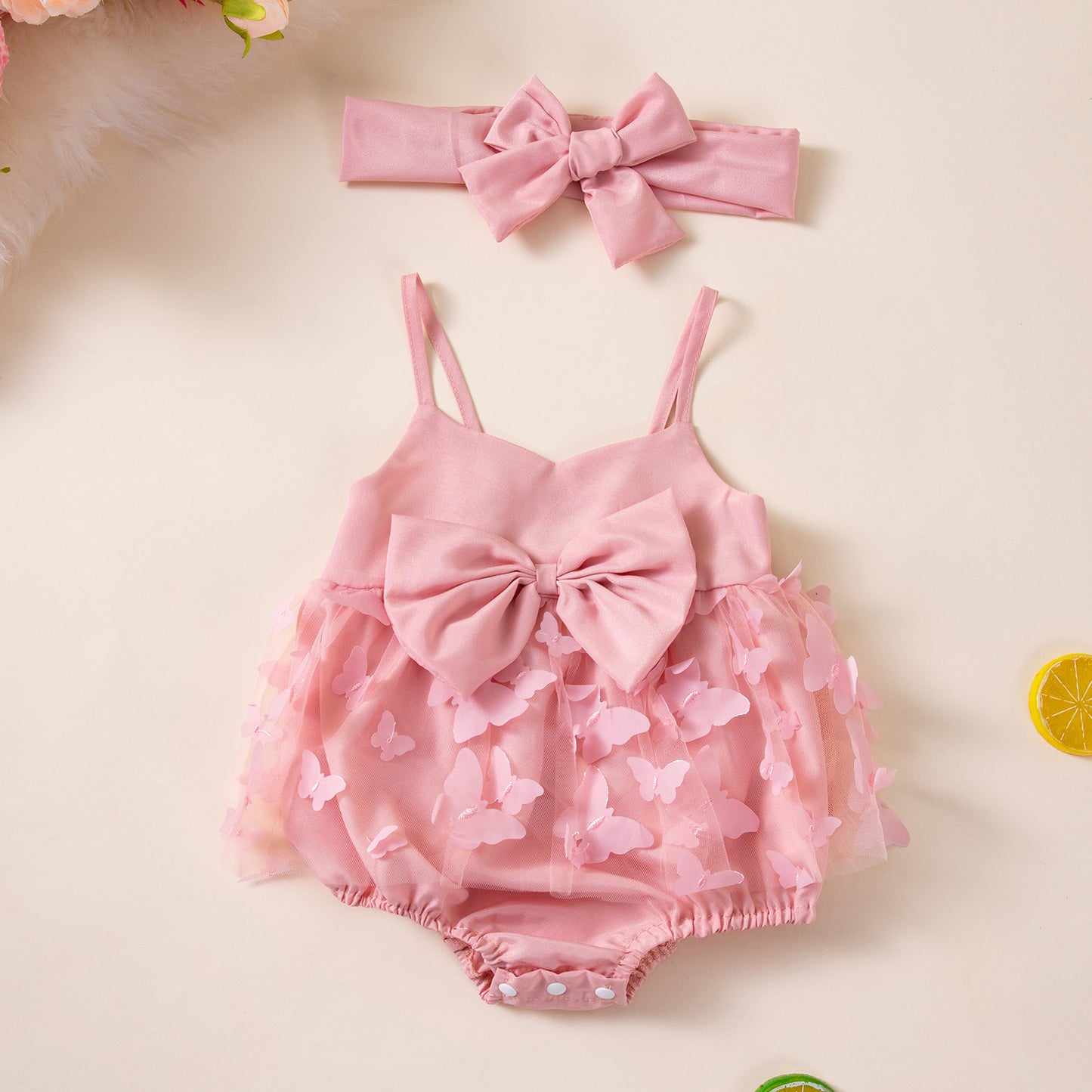 Summer Baby Romper with Bow, Pink Mesh Bodysuit with Hair Accessory for Girls