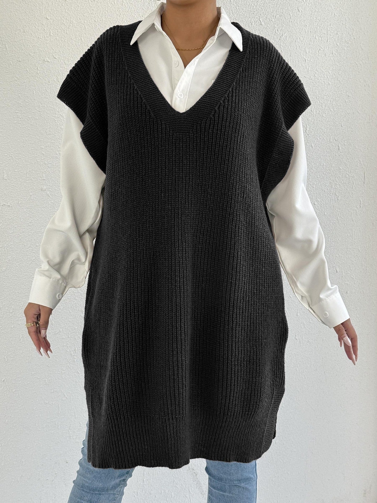 Lady's Open Front Vest, Mid-Length Knit Sweater Vest Dress with Deep V-Neck, Loose Casual Style (Without Belt)