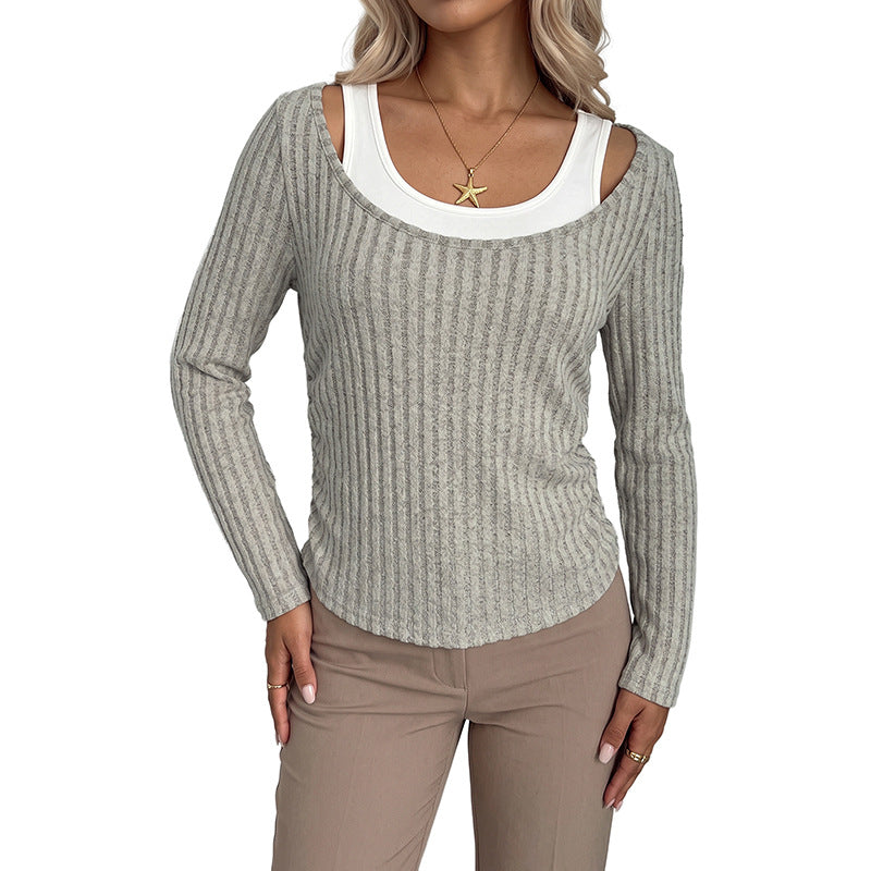 Long sleeved fake two-piece spliced U-neck T-shirt for women