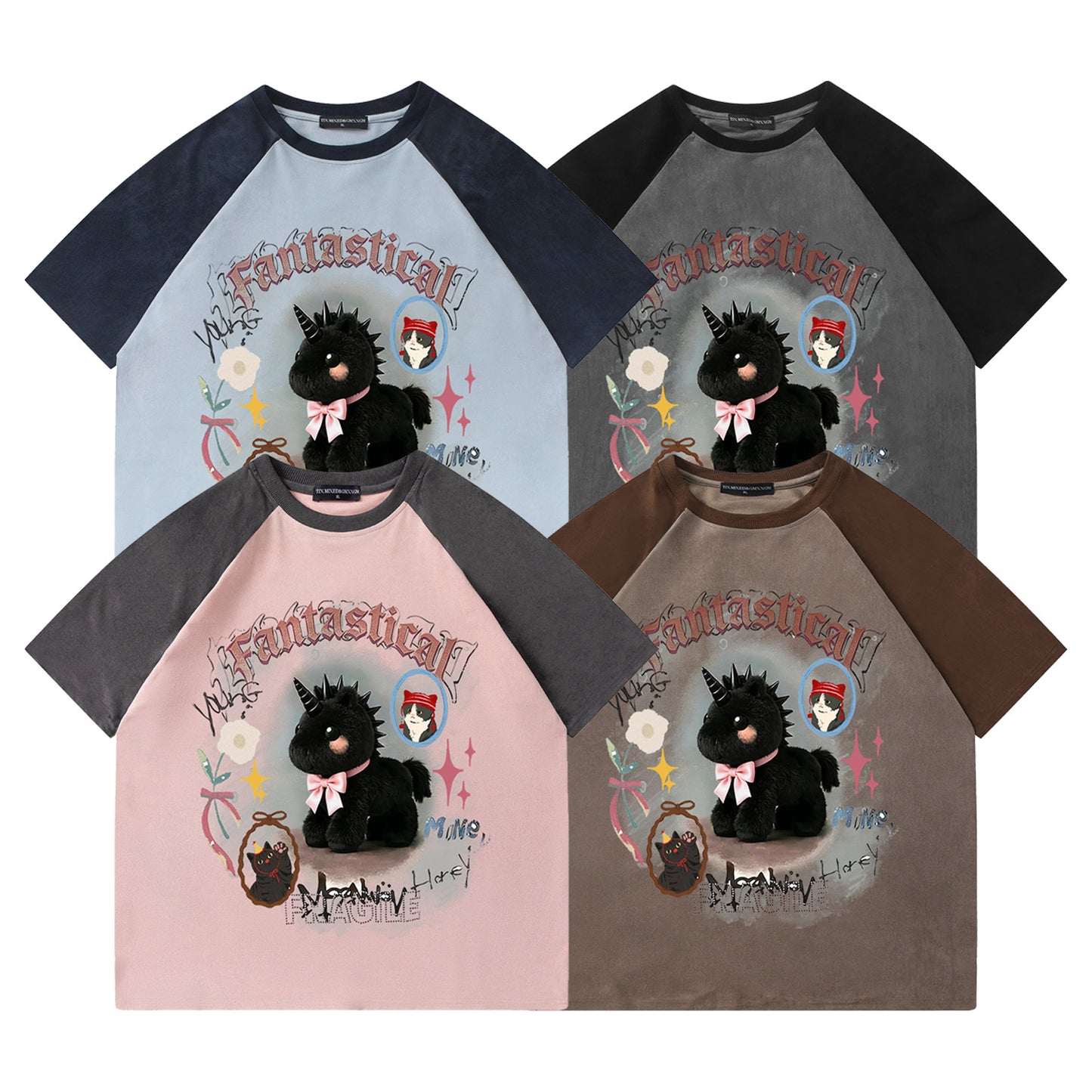 Graffiti teddy bear printed short sleeved shirt