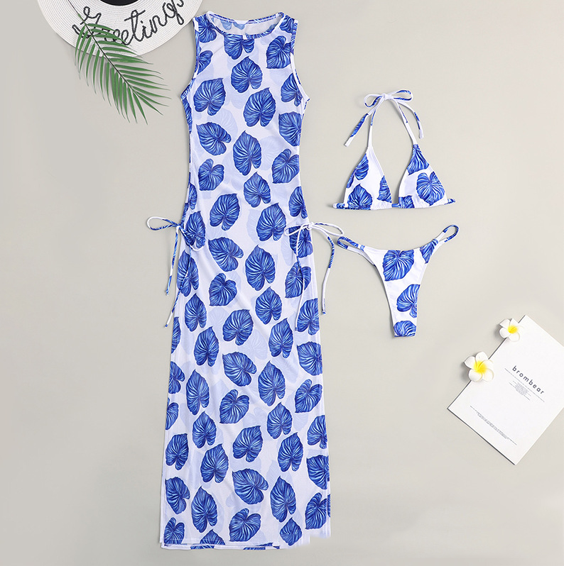 Bikini Swimwear Set, Solid Color Long Dress, Sexy Three-Piece Separated Swimsuit for Women