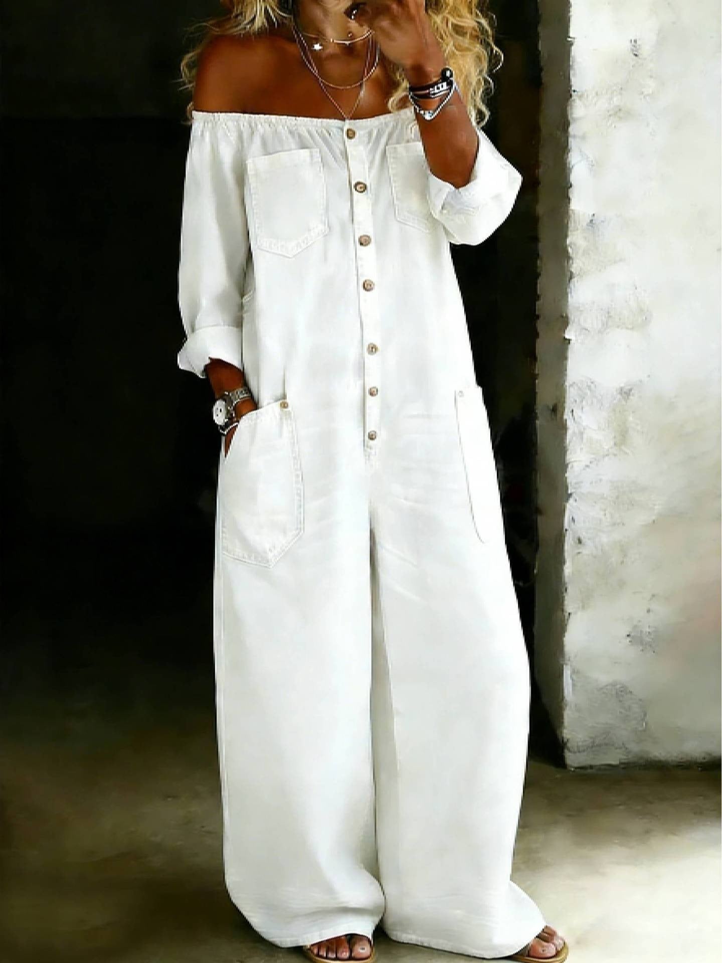Single-Breasted Off-Shoulder Washed Overalls for Women