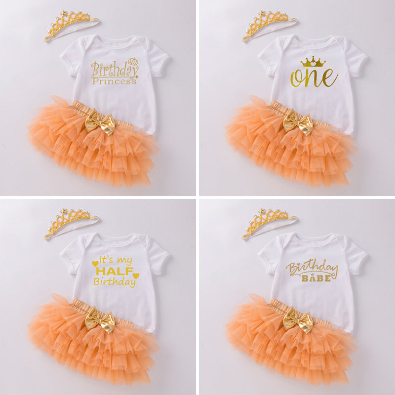 Cute Baby Girl Outfit Set Short Sleeve Romper Skirt Hair Accessories Birthday Clothes