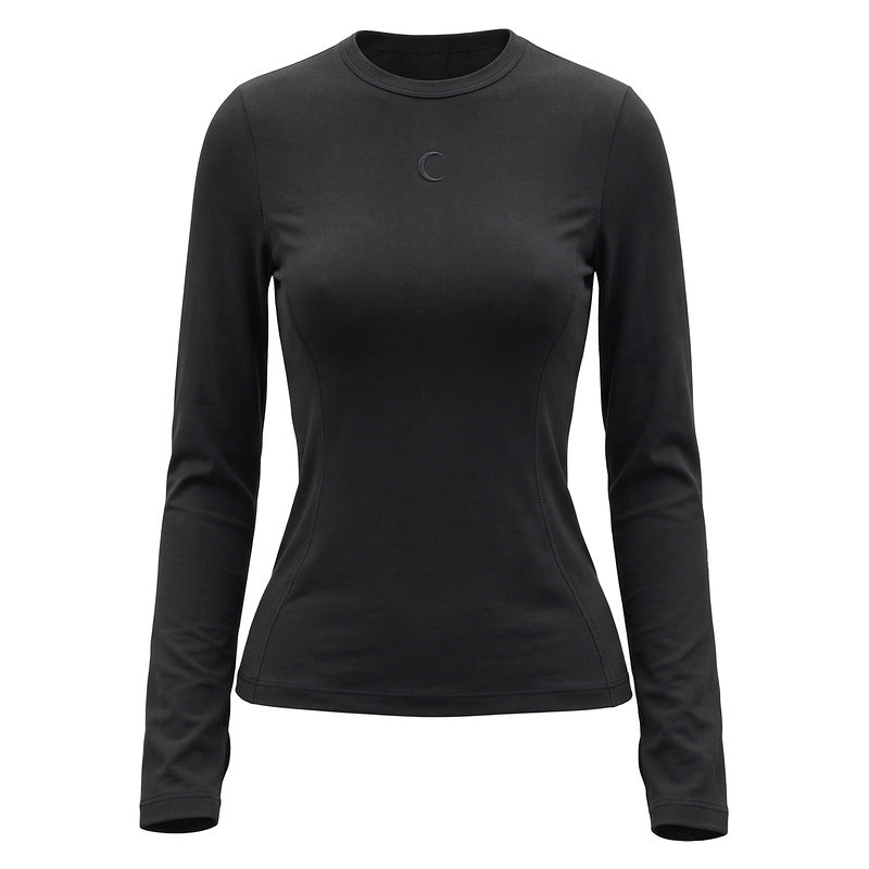 Round neck crescent moon embossed long sleeved T-shirt for women