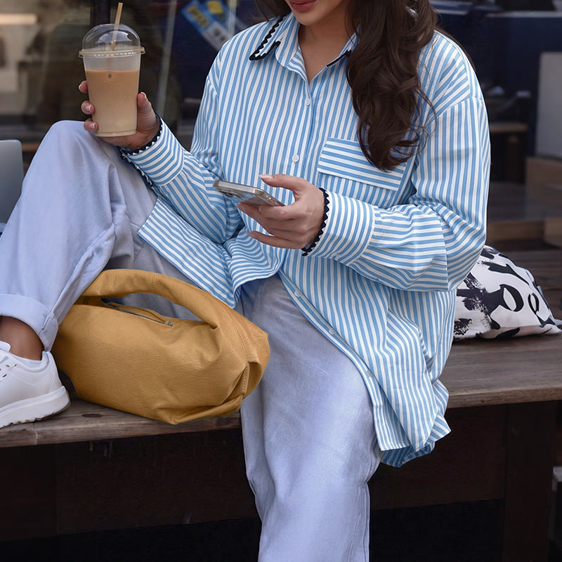 Stripe contrasting color wrapped loose fitting shirt for women