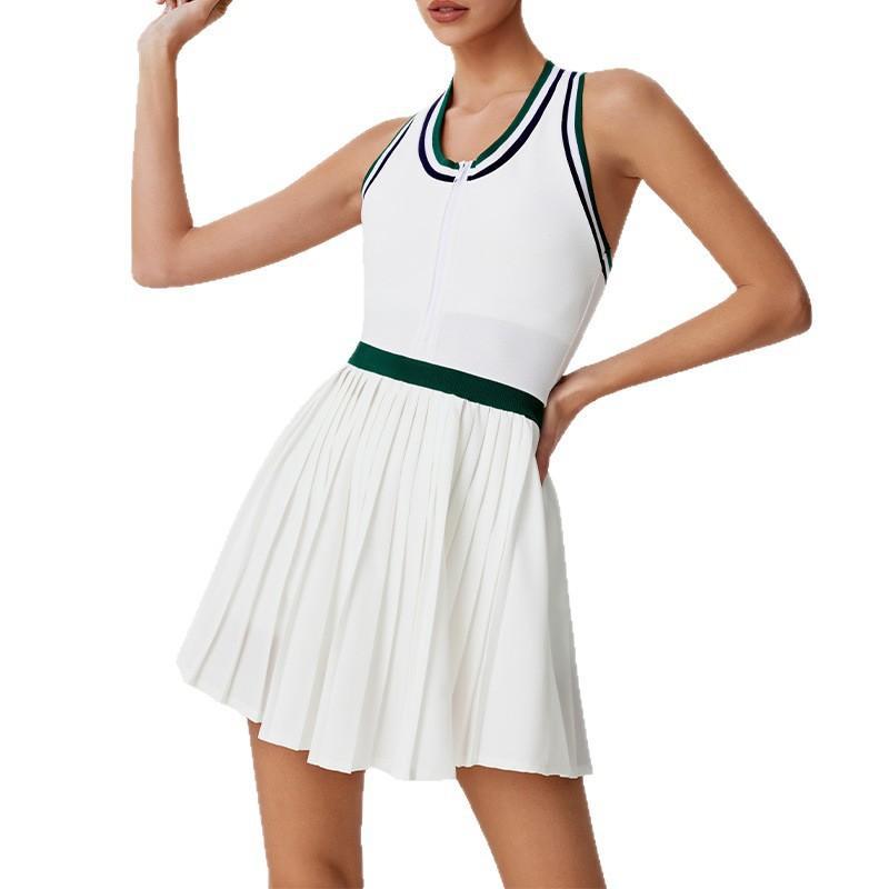 Summer Tennis Dress for Women, Color-blocked Edge Zipper Sleeveless Bodycon Anti-See-through Pleated Sport Dress Fitness Wear