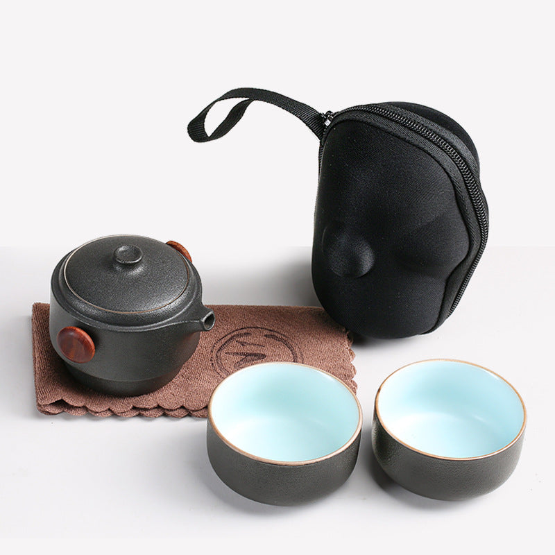 Black pottery quick guest cup one pot two cups household outdoor travel tea set portable bag Kung Fu outdoor portable bubble