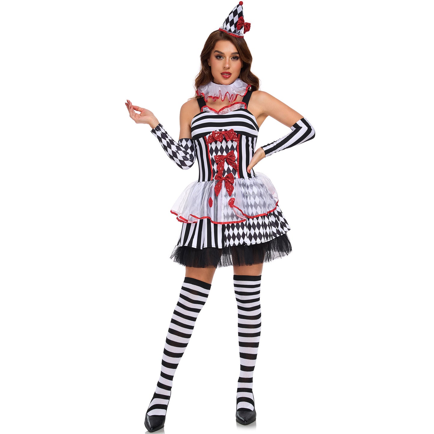 Cute Circus Clown Costume for Halloween Party Role Play COS Full Set Puffy Dress