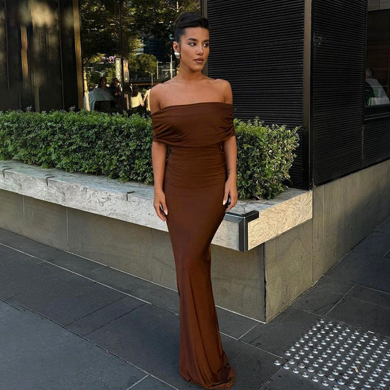 European and American style spring and summer women's clothing new one shoulder exposed backpack buttocks sexy long skirt dress