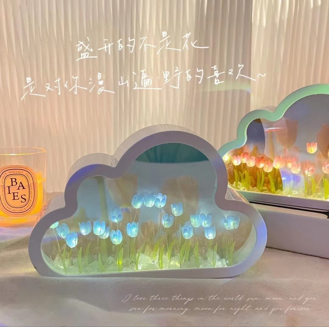DIY Cloud Tulip LED Night Light Girl Bedroom Ornaments Creative Photo Frame Mirrored Table Lamps Bedside Handmade Birthday Gifts