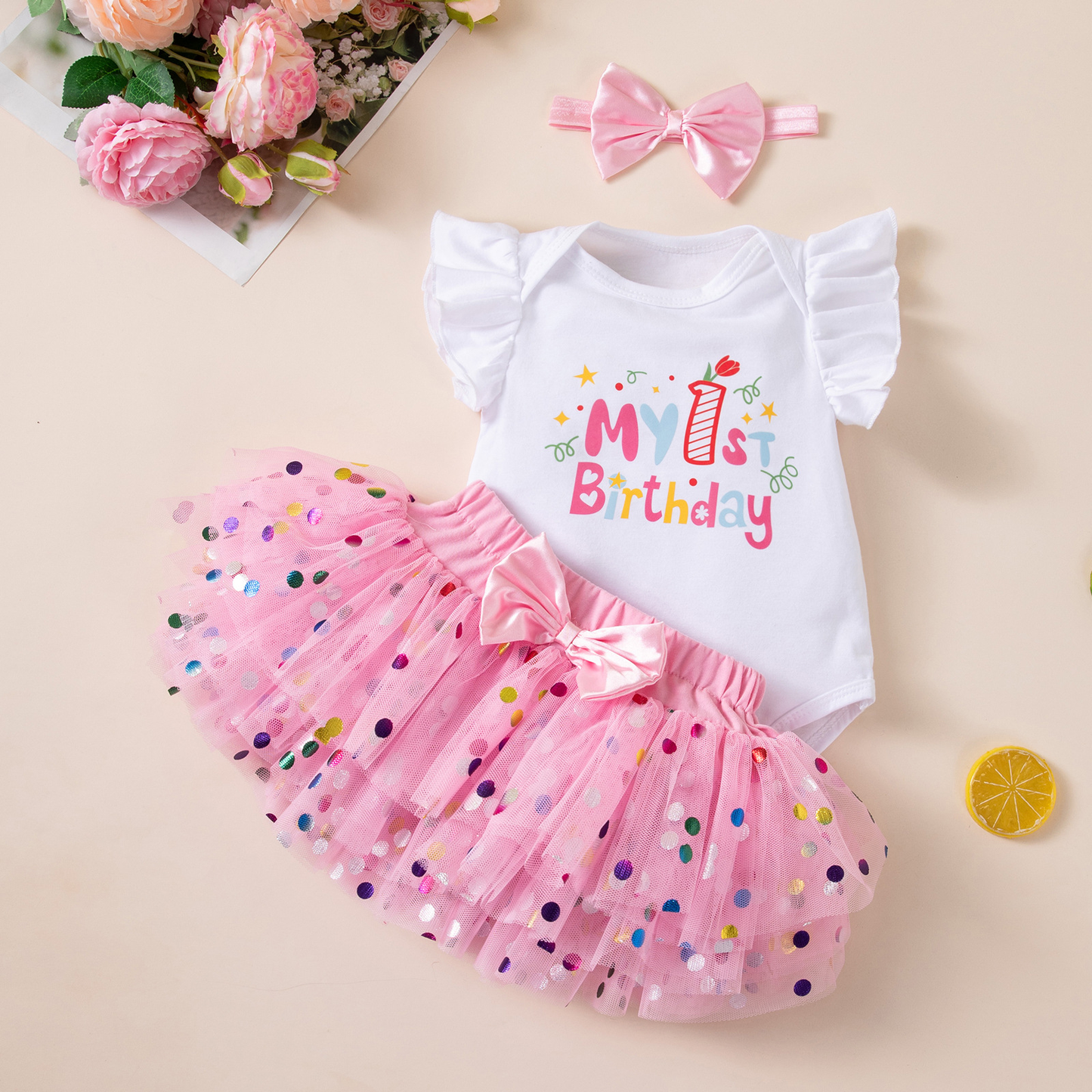 Baby Girl's First Birthday Dress Set, Pink Sequin Romper with Skirt, Formal Outfit for Celebration and Photo Shoot