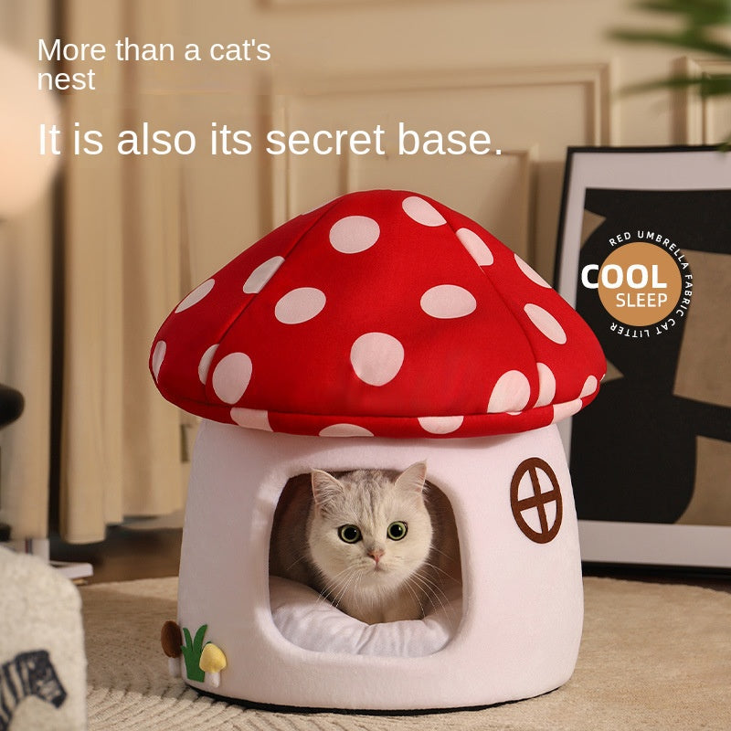 Red Umbrella Mushroom Cat House Dog Bed Winter Warm Closed-Style Cat House Pet Nest All-Season Universal for Cats and Dogs