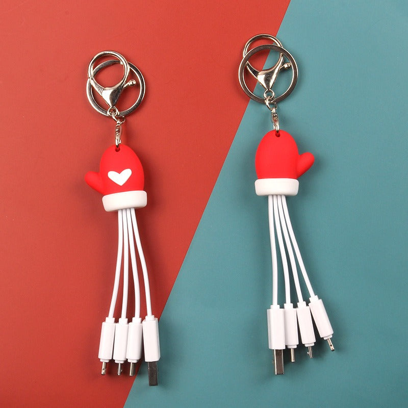 Christmas 3-in-1 Data Cable Creative Cartoon Multi functional Portable Keychain Santa Charging Cable