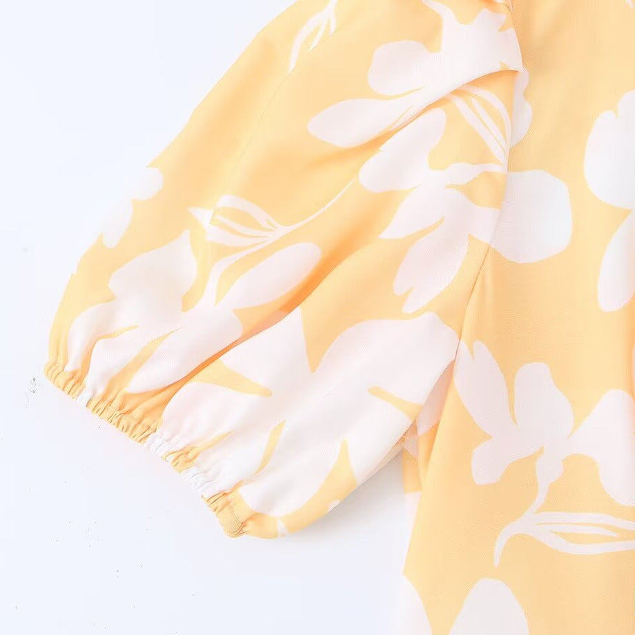 Bubble short sleeved V-neck printed dress