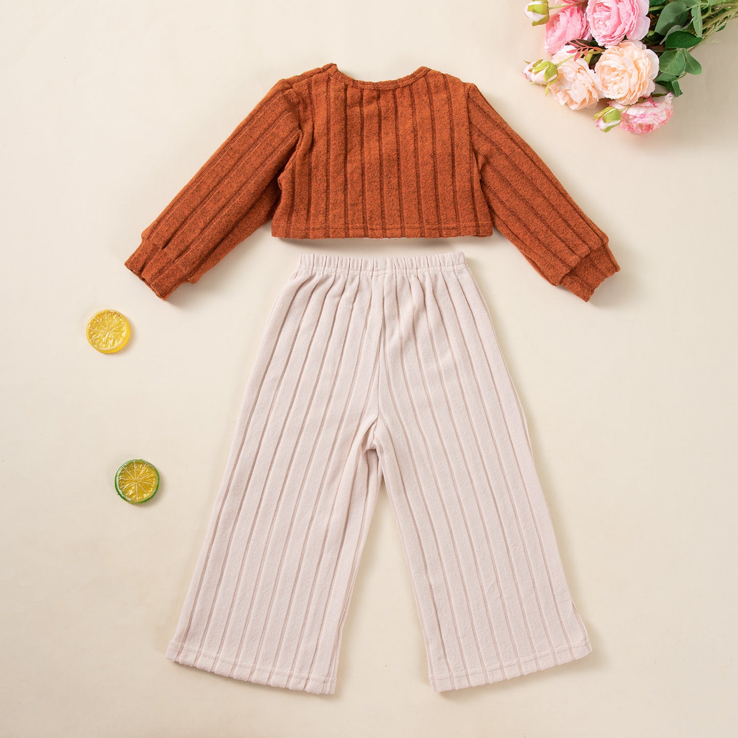 Chic Fashion Girls' 3-Piece Set Knit Long Sleeve Top, Strapless Vest, Wide-Leg Pants