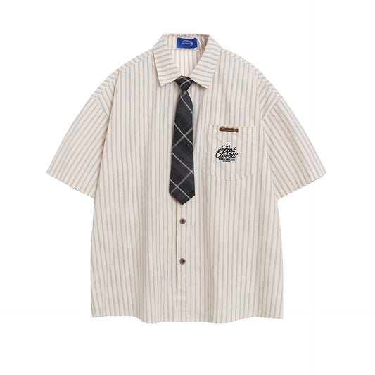 Embroidered striped short sleeved pocket