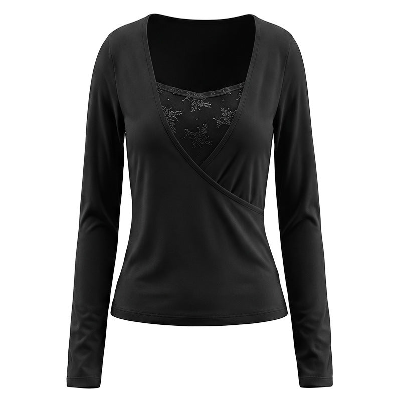 V-neck fake two long sleeved tops