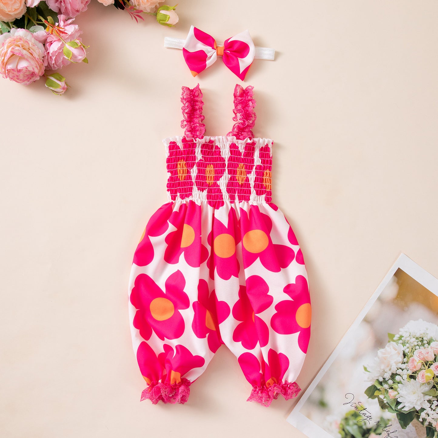 Baby Girls Summer Lightweight Strappy Romper with Lantern Pants and Floral Headband Set