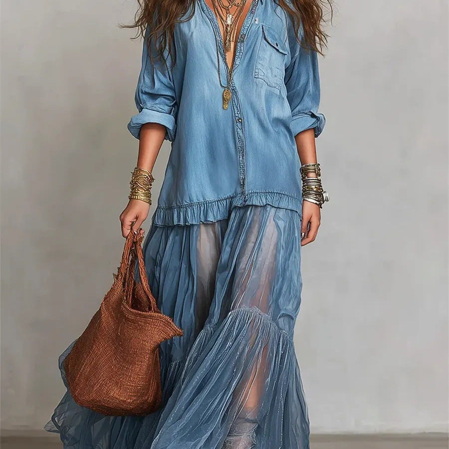 Vintage Denim-like Long Dress Casual Style