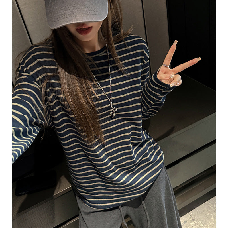 Striped cotton long sleeve T-shirt for women, loose casual high-end feel, round neck, lazy style, inner layer, can be worn outside
