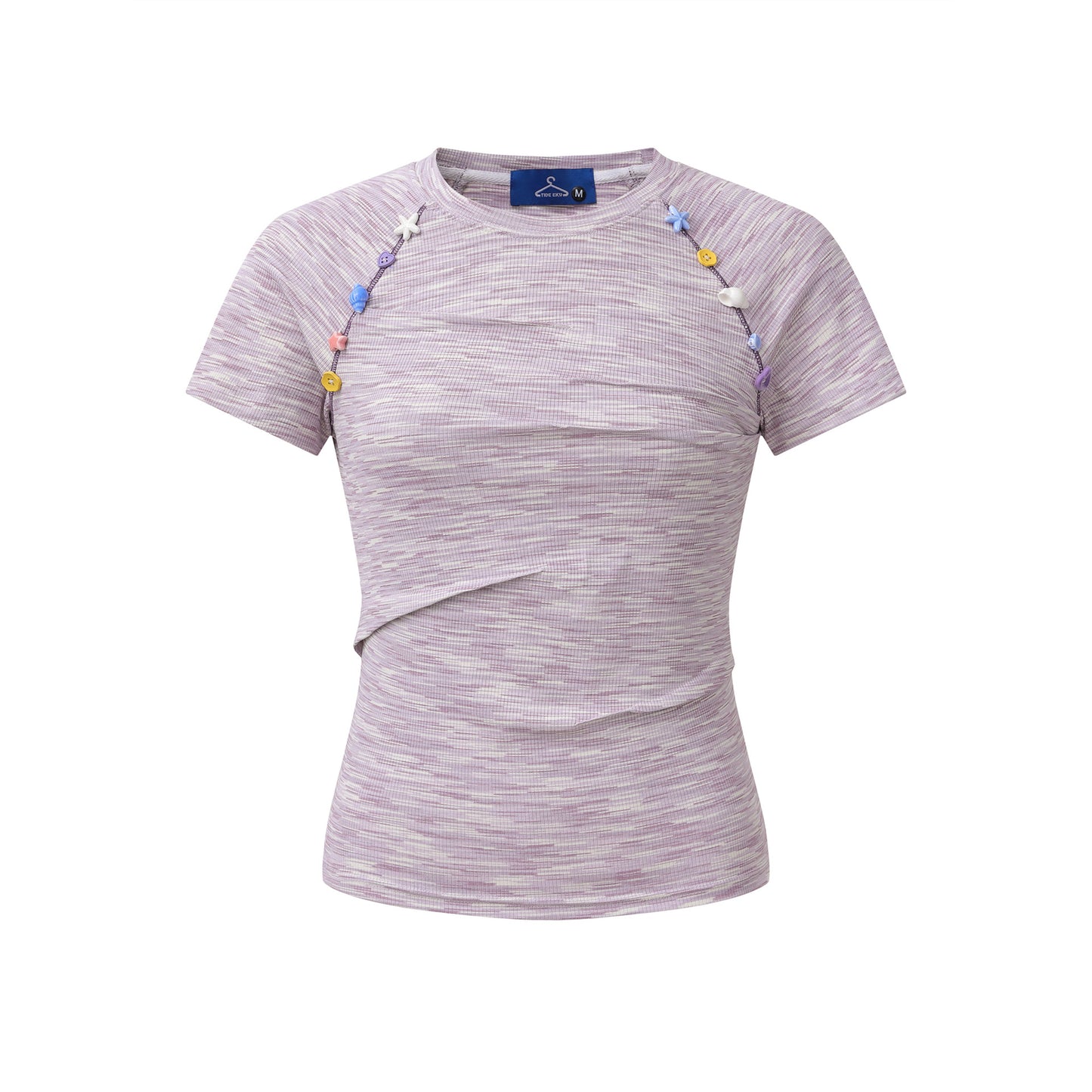 Women's Slim Fit Round Neck Short Sleeve Small Color Block Pleated Button T-Shirt