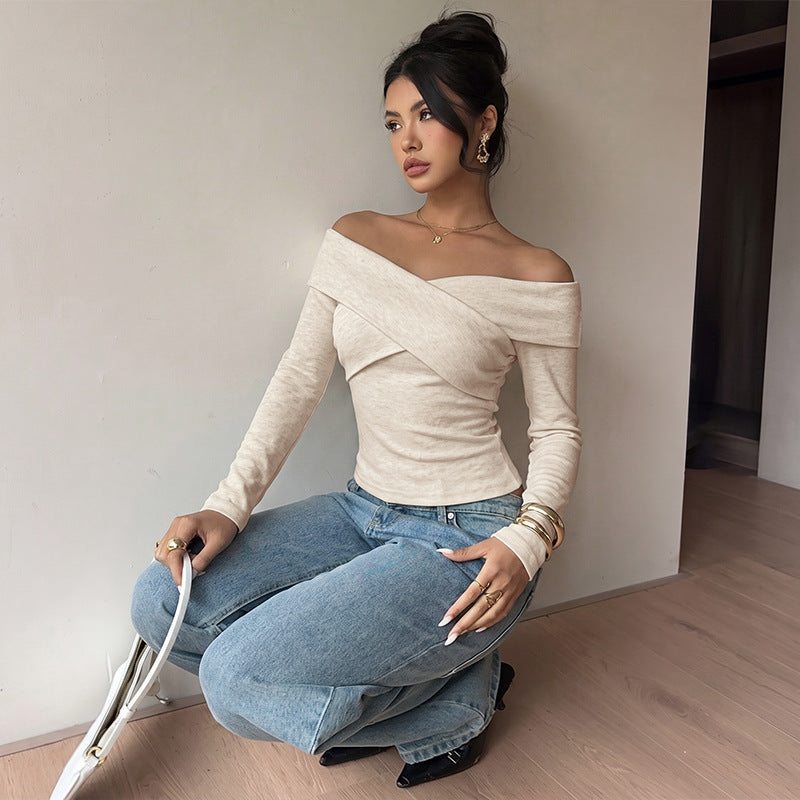 Solid color cross one neck off shoulder long sleeved t-shirt