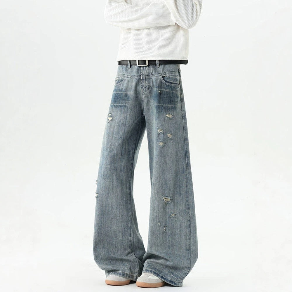 Bamboo Texture Distressed Washed Straight Leg Oversized Tapered Jeans