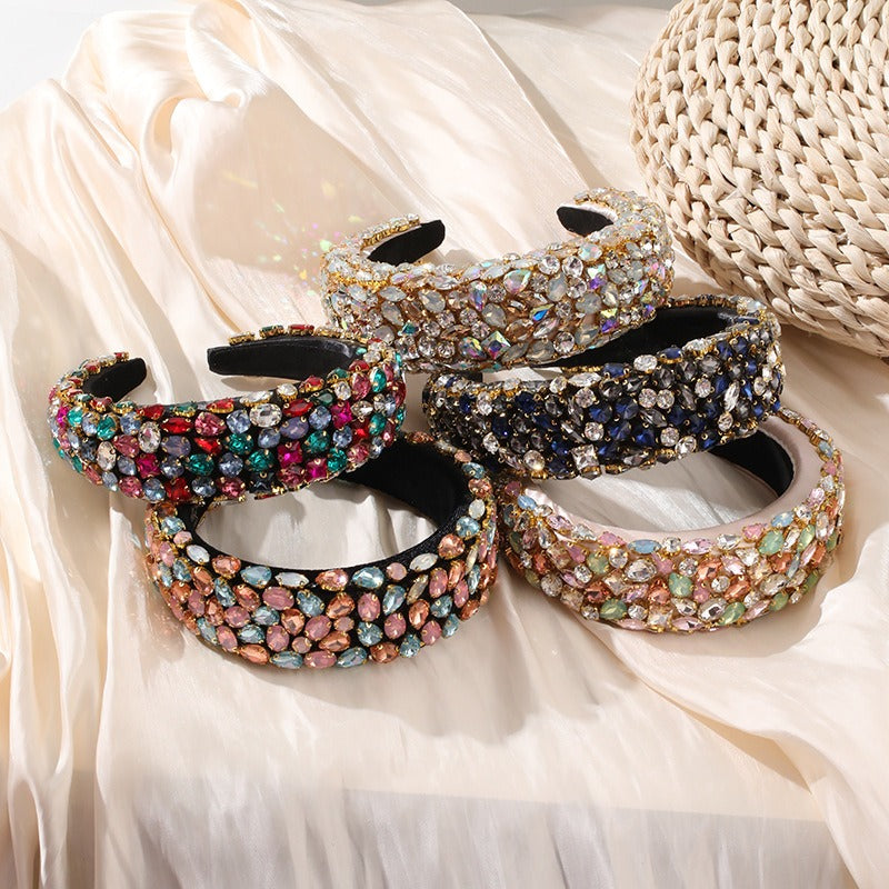 Baroque rhinestone geometric wide edge full diamond colored thickened sponge hair hoop for women