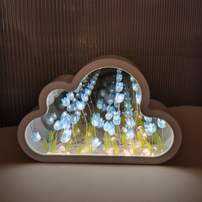 DIY Cloud Tulip LED Night Light Girl Bedroom Ornaments Creative Photo Frame Mirrored Table Lamps Bedside Handmade Birthday Gifts
