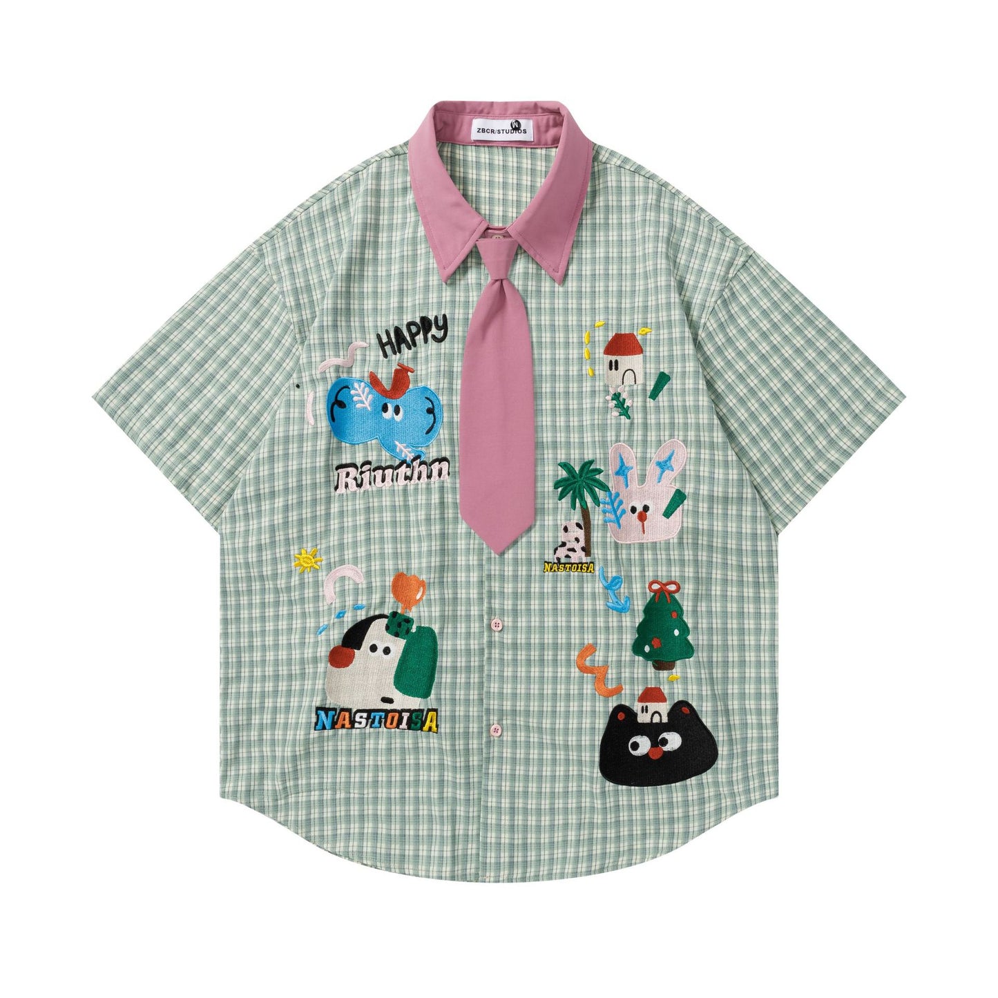 Embroidered checkered short sleeved shirt