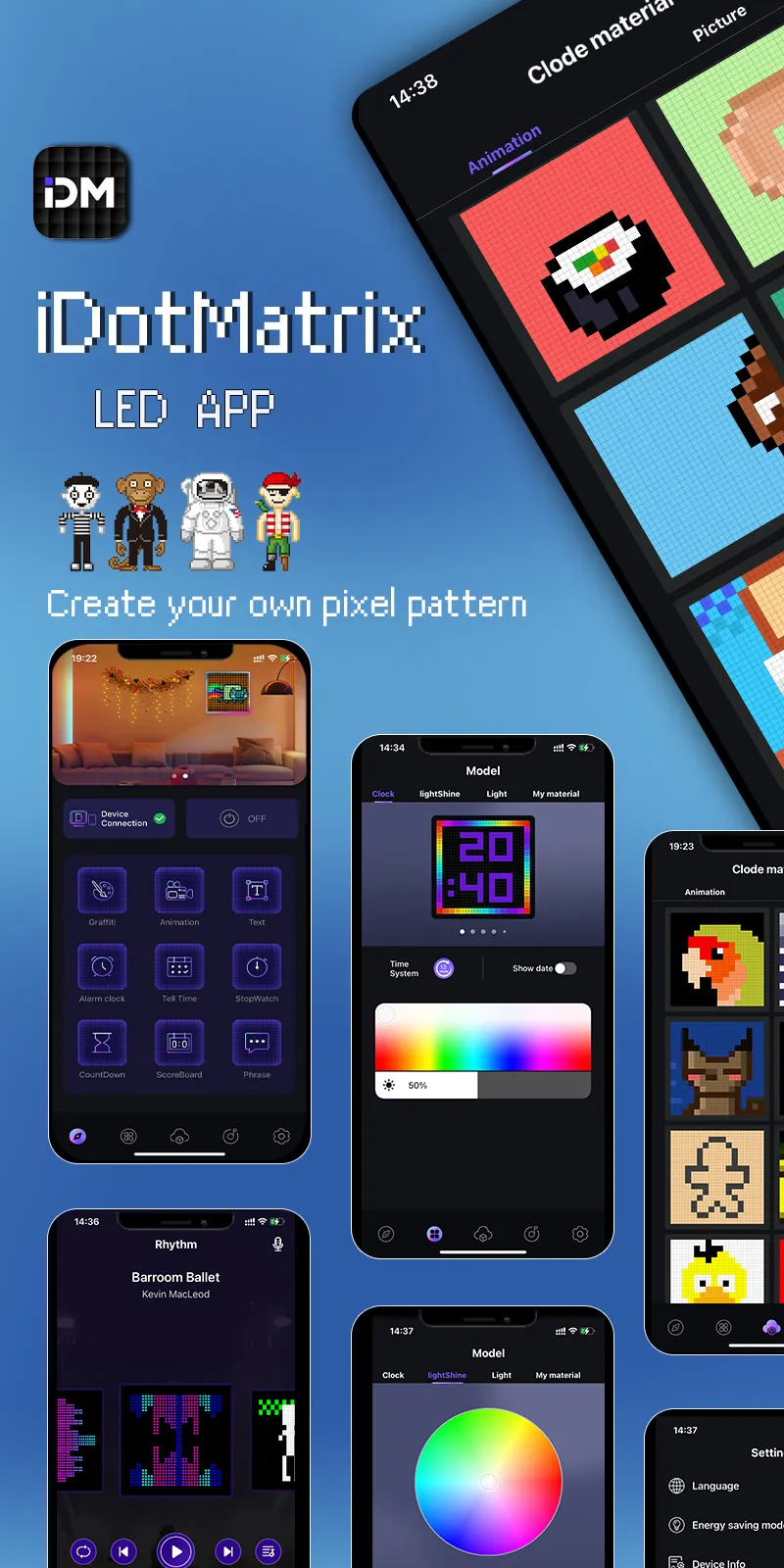 Pixel screen Bluetooth DIY point control screen alarm clock time screen wall-mounted LED pixel light full color dynamic smart DIy