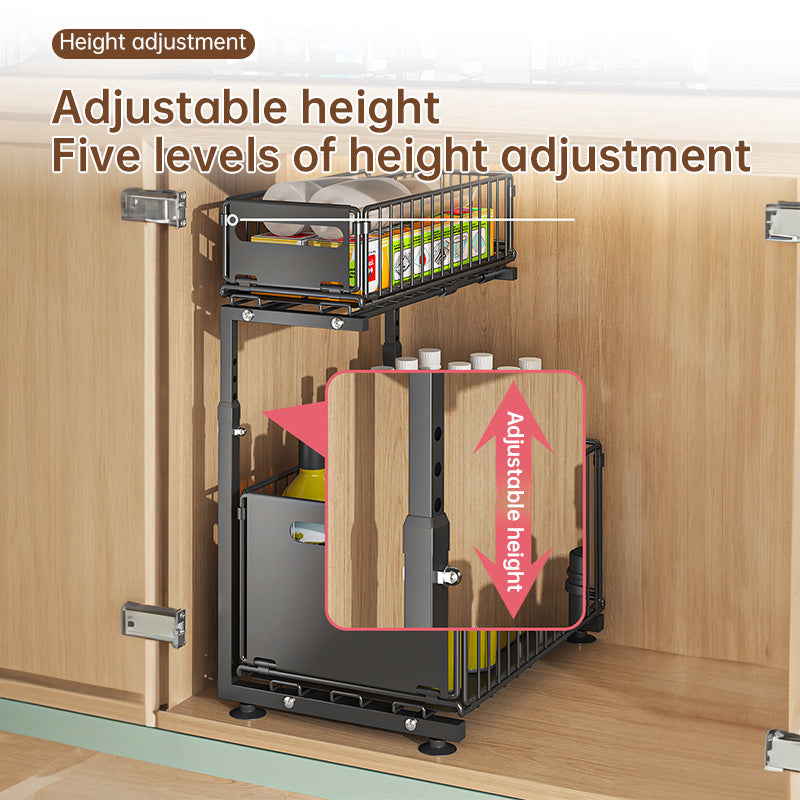 2-tier pull-out cabinet organizer, adjustable kitchen basket, under-sink organizer, spice rack, drawer slide.