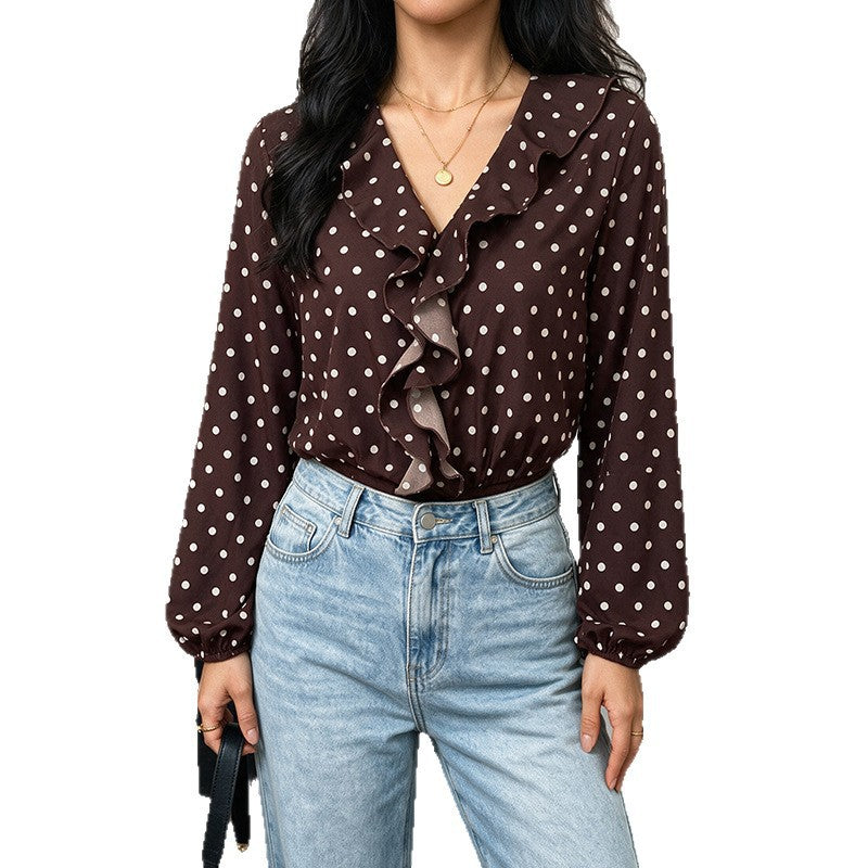 V-neck polka dot long sleeved jumpsuit