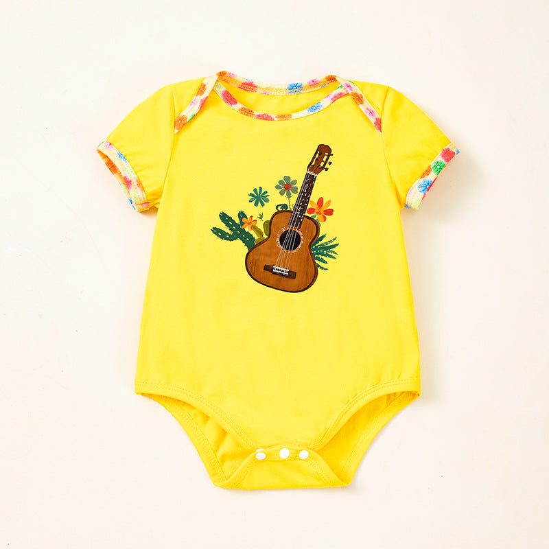 Cute Baby Onesie Yellow Guitar Print Summer Short Sleeve Romper Festival Outfit Direct Factory Sale