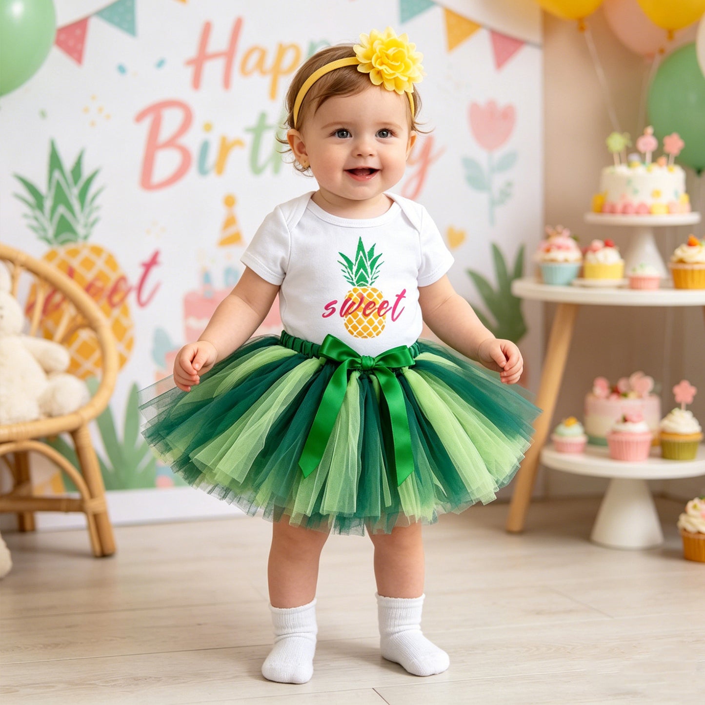 Baby Summer Outfit Set Short Sleeve Romper Handmade Skirt Hair Accessories 3-Piece Birthday Dress Summer