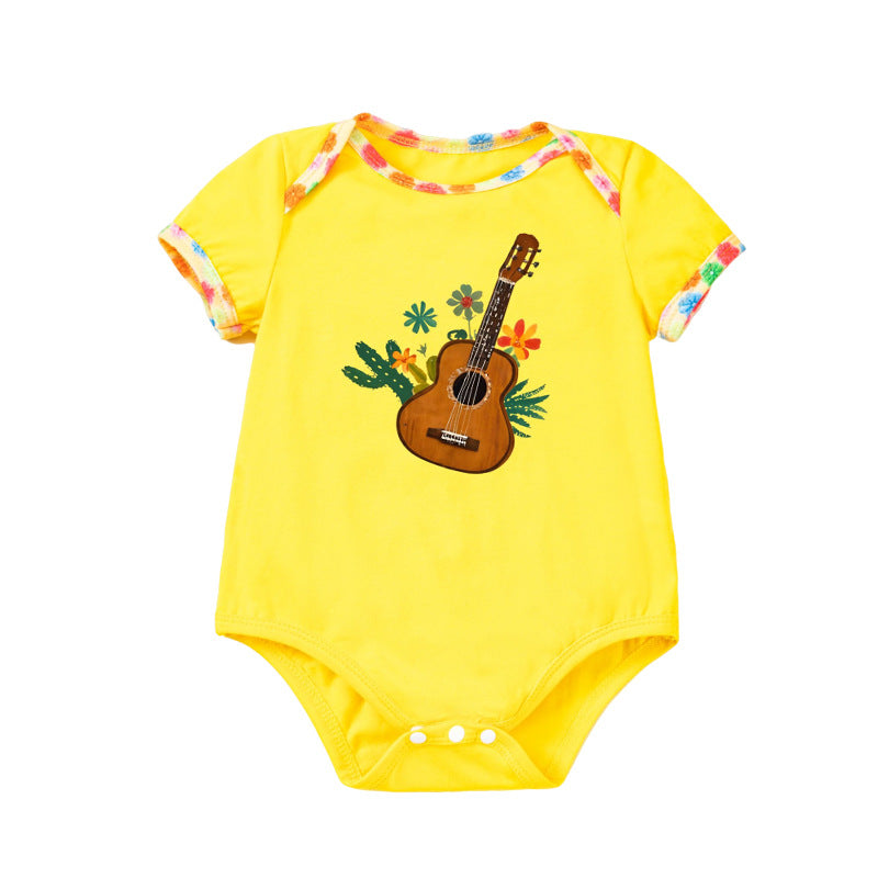 Cute Baby Onesie Yellow Guitar Print Summer Short Sleeve Romper Festival Outfit Direct Factory Sale